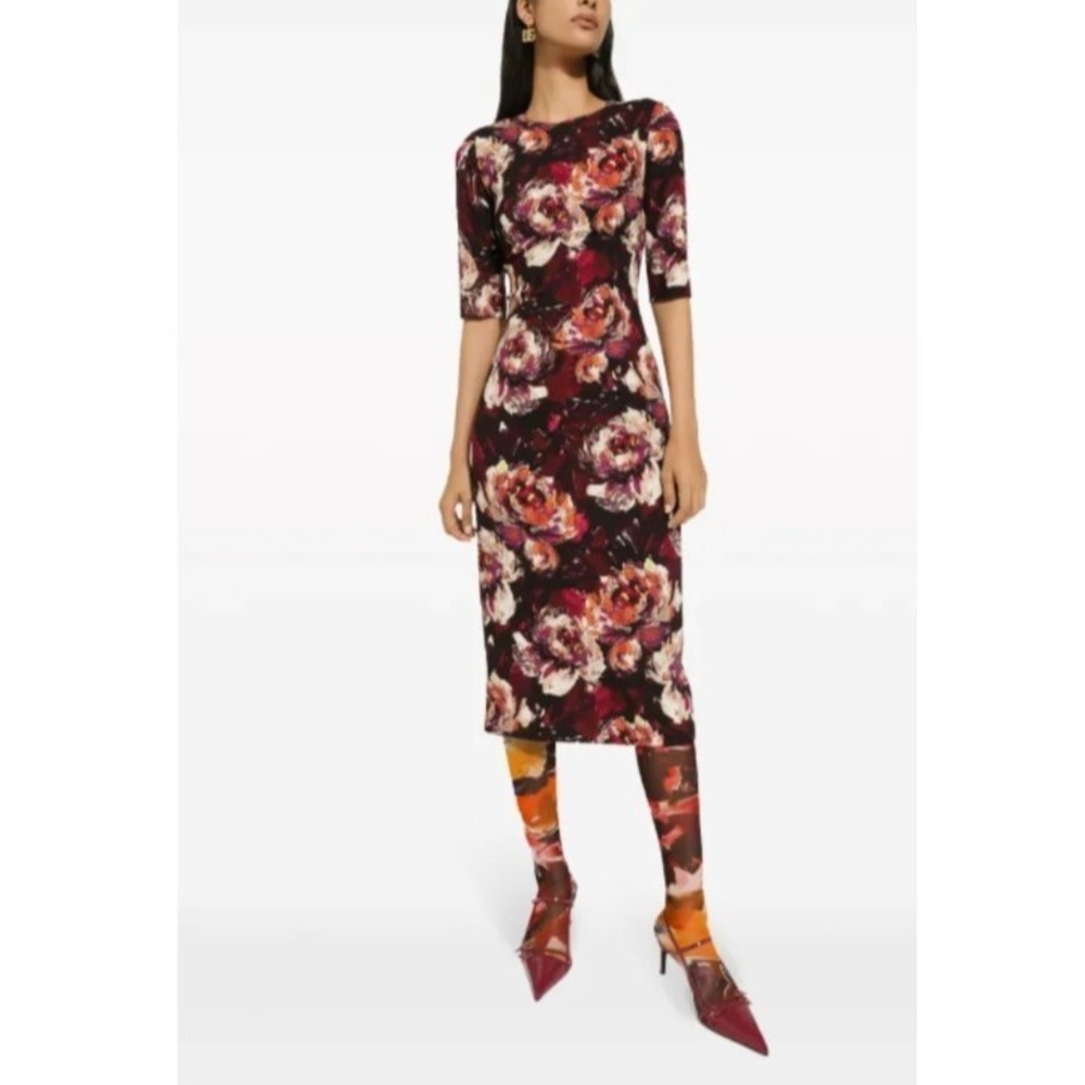 Dolce Gabbana Dress Size 36 Peony Purple Floral Multicolor Crepe Midi